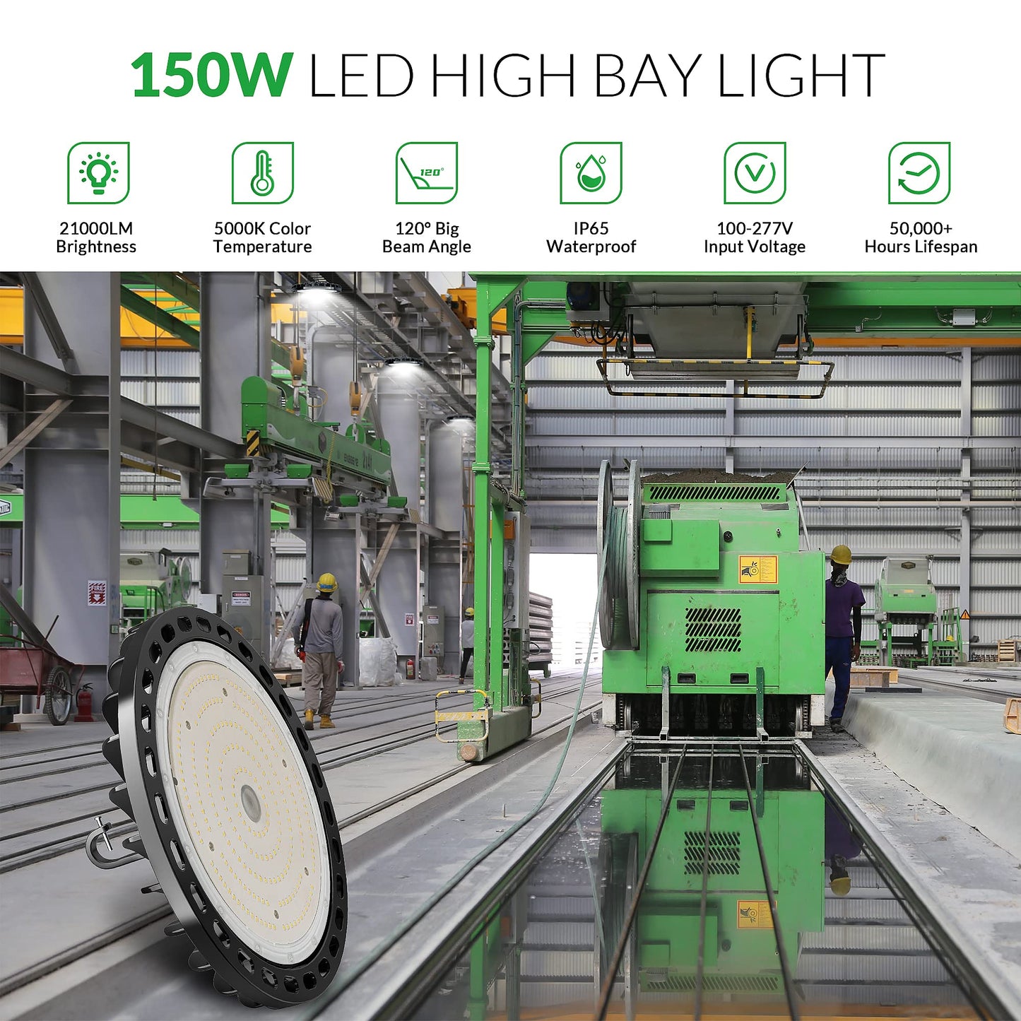 Flakeeper LED High Bay Light 150W, 22500 LM with US Plug 5ft Cable (150LM/W), 5000K Daylight, Waterproof, UFO Commercial Warehouse Workshop Factory Barn Garage Area Lighting Fixture, 2 Pack