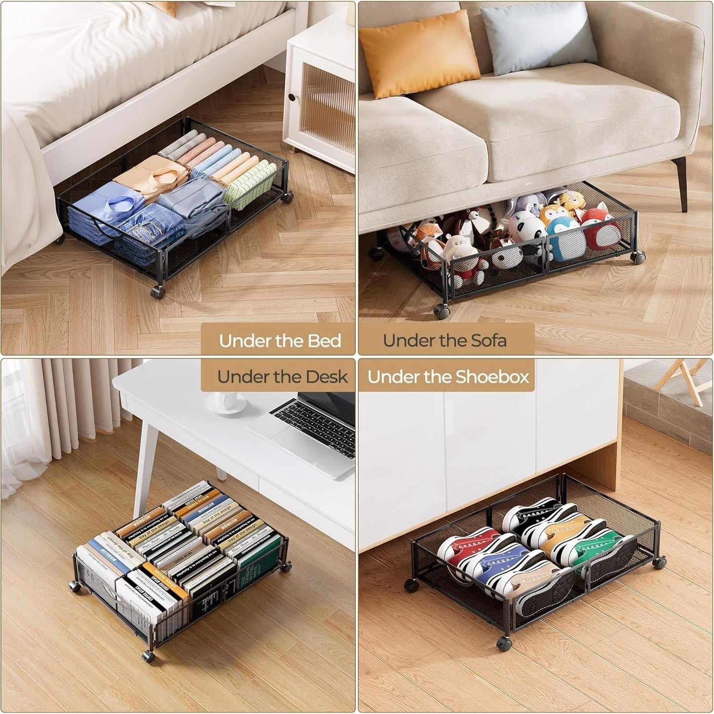 Yecaye Under Bed Storage with Wheels, 4 Pack Under Bed Shoe Storage Organizer Drawer, Tool-free Assembly Metal Underbed Storage Containers for Clothes, Shoes, Toys, Black