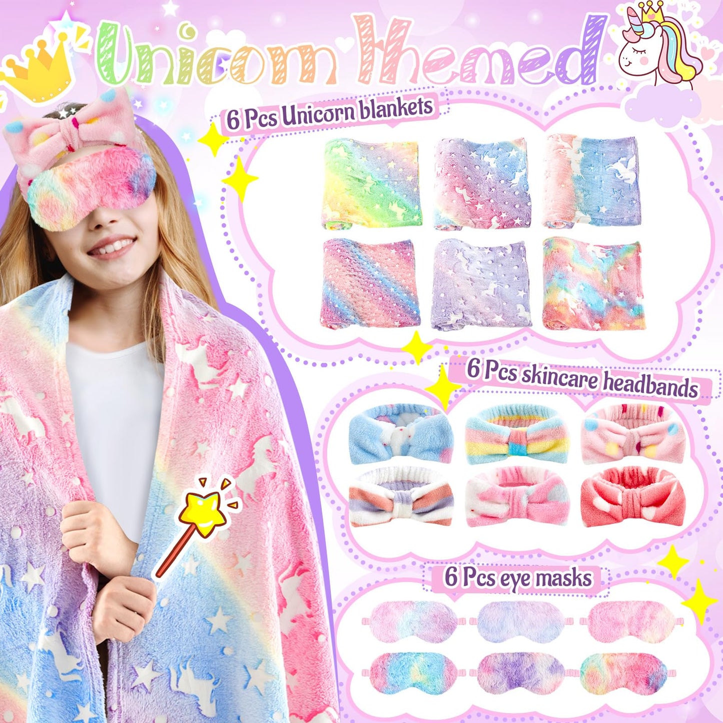 Fanfanwin 18 Pcs Sleepover Party Supplies for Girls, 6 Glow in The Dark Pink Blanket 6 Coral Fleece Spa Headband 6 Plush Eye Mask Covers for Sleeping Slumber Sleepover Spa Party Gift(Cute)