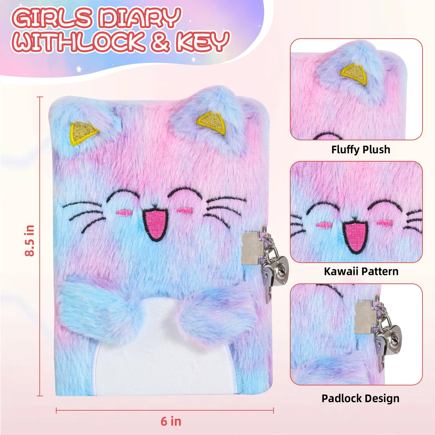 LiYiQ Plush Axolotl Diary Gift for Girls Kids Travel Journal Secret Diary with Scrapbook Paper Stickers Journal Stencils Pompom Pen and Washi Tape Practical Set Gift for Birthday Christma (Cat)