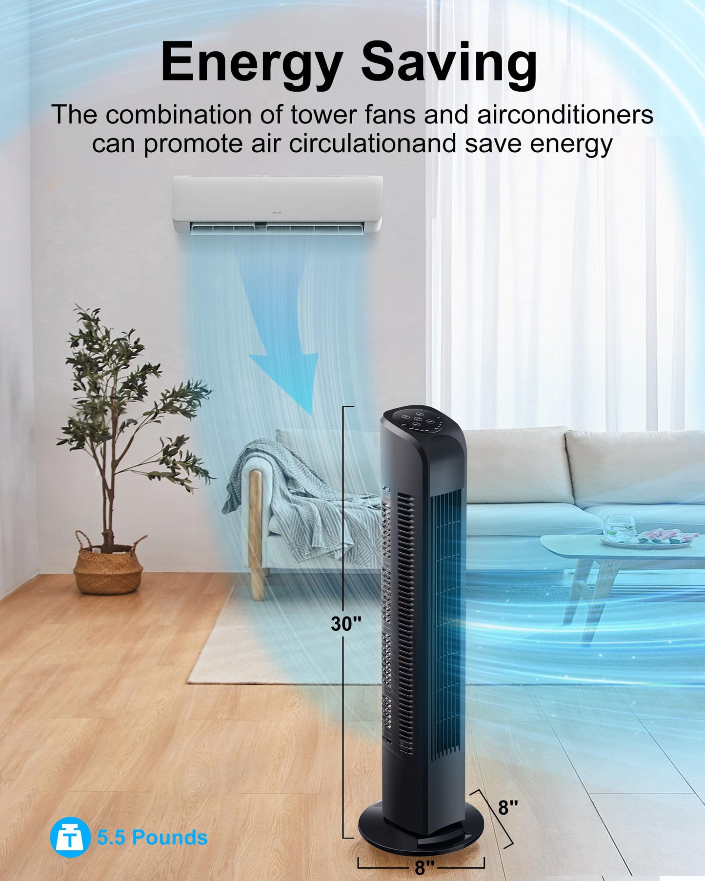 Uthfy Oscillating Tower Fan for Bedroom, Portable Standing Fan with Remote, 3 Modes 3 Speeds, 7.5H Timer, 120° Quiet Cooling for Living room, Office, Black
