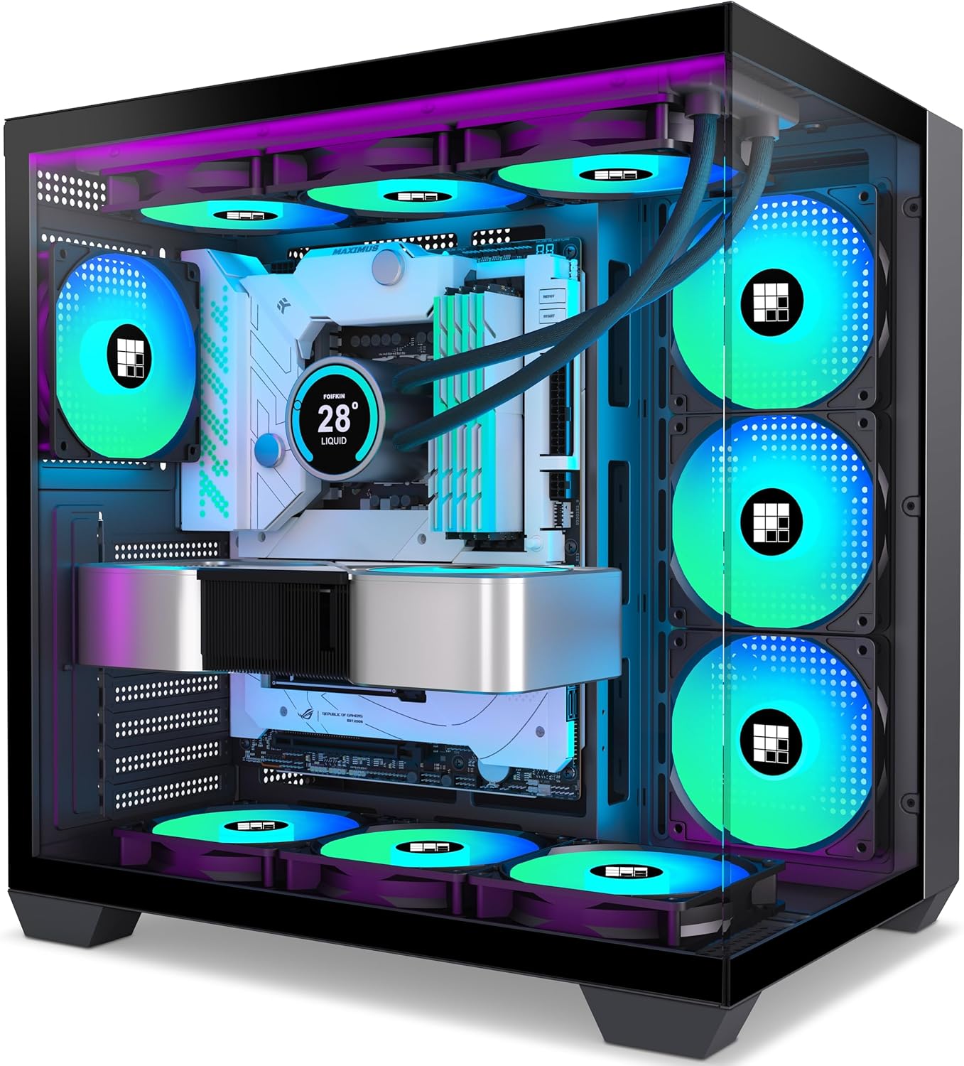 F600 PC Case - Pre-Installed 7 PWM ARGB Fan, ATX Mid-Tower Gaming PC Case, 270° Panoramic Glass with Type-C, FOIFKIN (Black, F600)