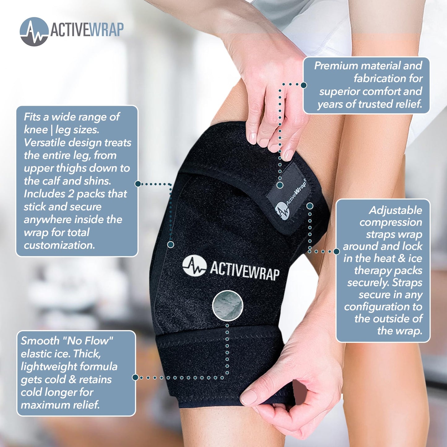 ActiveWrap - Knee Ice Pack Wrap with Compression, 2 Reusable Gel Heat & Cold Packs for Knee Pain, Sore Legs & Shin Splints. Flexible Cold Wrap for Injury and Swelling Control & Joint Support - One Size Fits Most