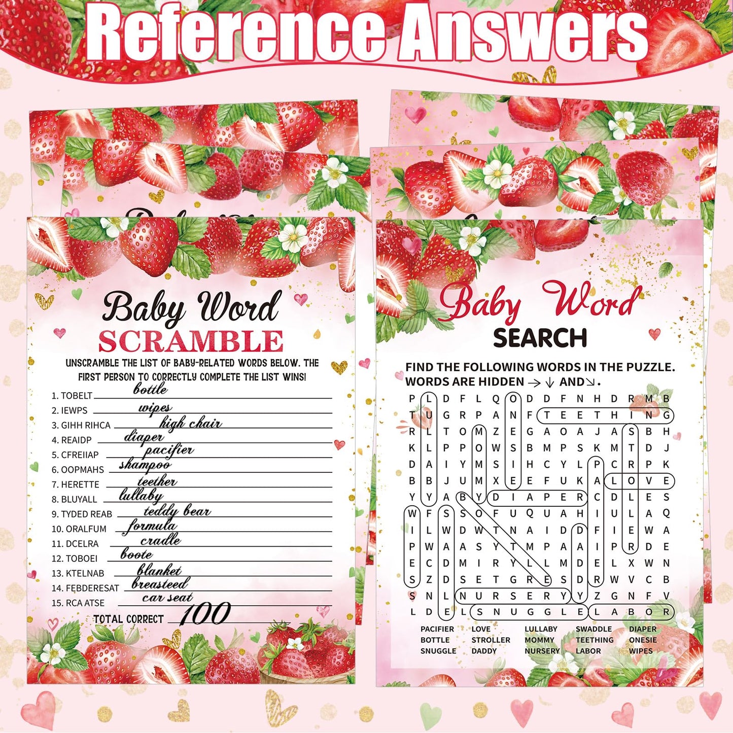 Sherr 476 Pcs Strawberry Baby Shower Games 6 Sets Activities Cards Pacifier Hunt Game 50 Pacifiers How Big is Mommy's Belly Sign 50 Guessing Cards 2 Measuring Tape Don't Say Baby Sign 50 Clothespin