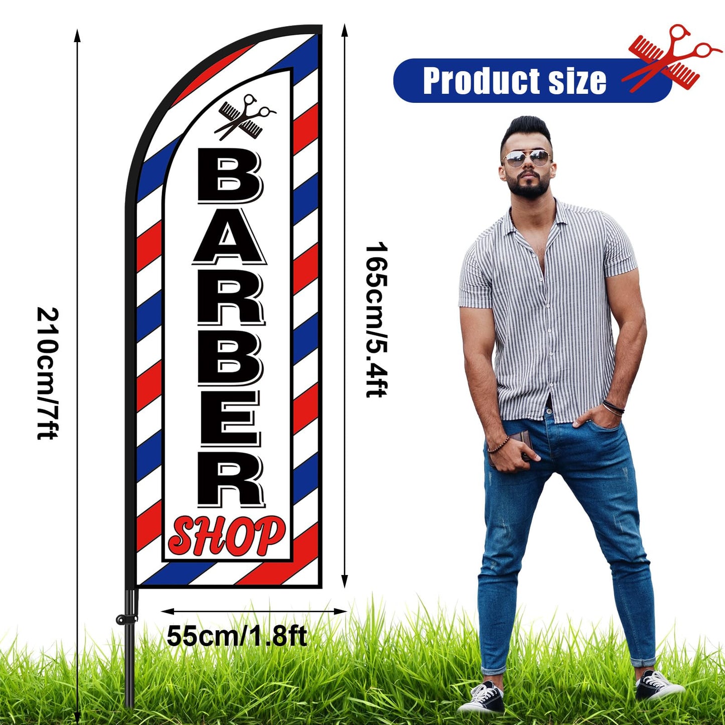 VitalCozy 2 Set Barber Flag Barbershop Themed Swooper Flag Banner with Pole Kit Open Feather Barber Sign for Salon Business Advertising Outdoor Outside(7 ft)
