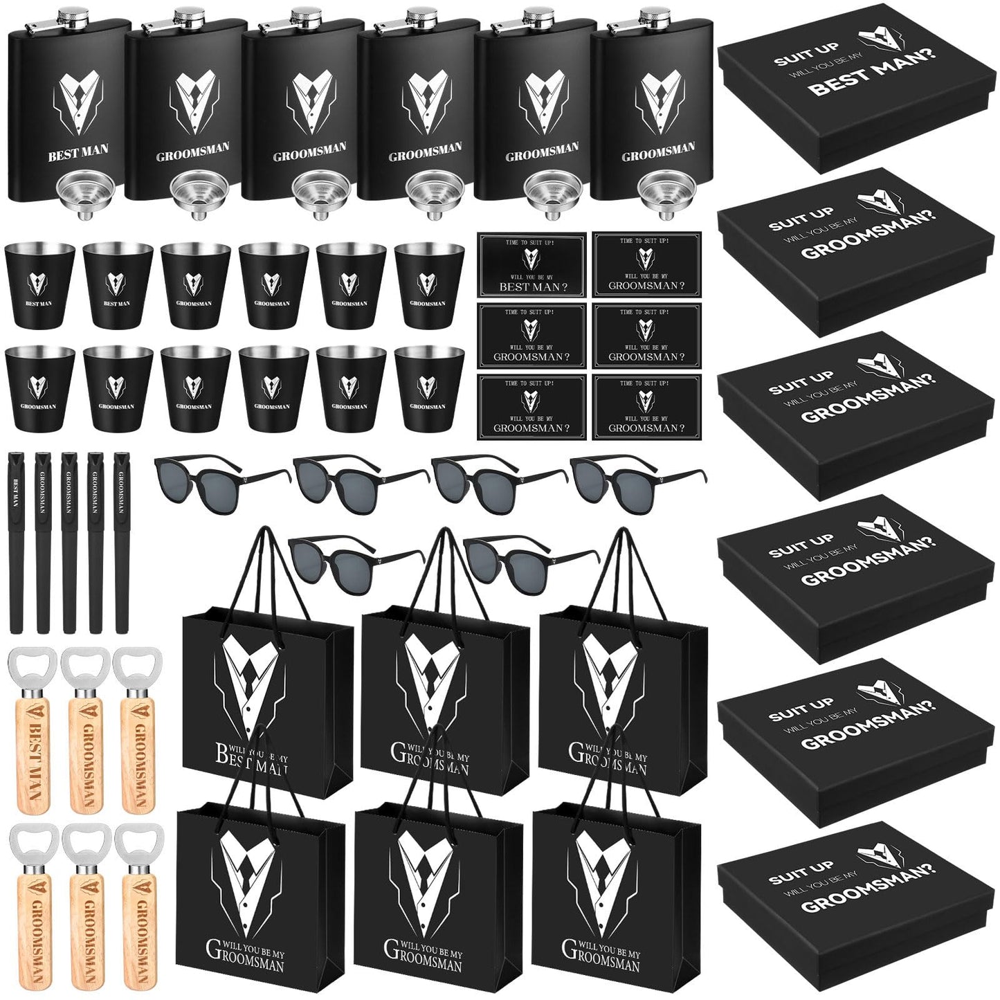 Layhit 60 PCS Groomsmen Gifts Set of 6, Groomsmen Proposal Gift Set, 6 Flask and 12 Stainless Steel Shot Glass 6 Wood Bottle Opener 6 Pen 6 Sunglasses with 6 Card 6 Box 6 Bag for Wedding Party