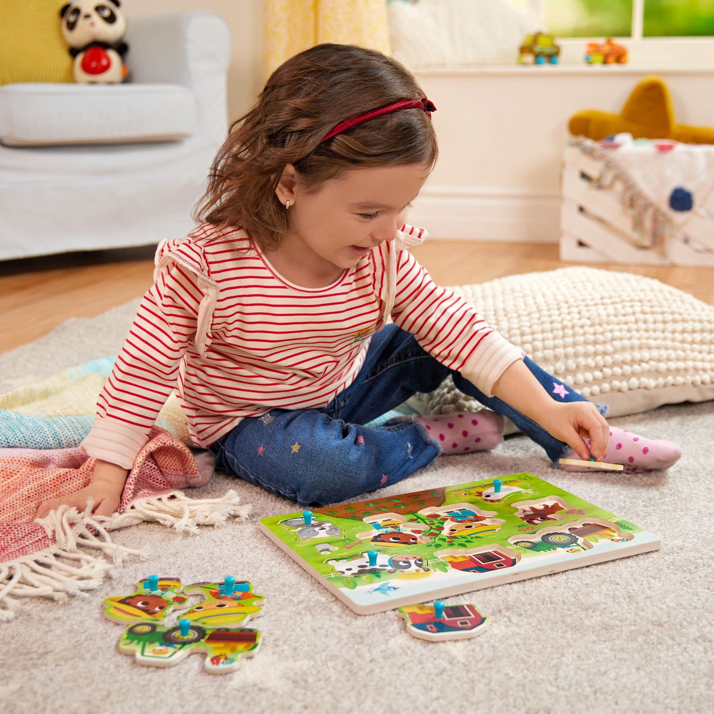 B. toys – Peek & Explore Puzzle 4 – Pack – Wood Toys for Toddlers, Kids – 8 Pieces Each – Vehicles, Trucks, Animals, Barnyard – 2+ Years