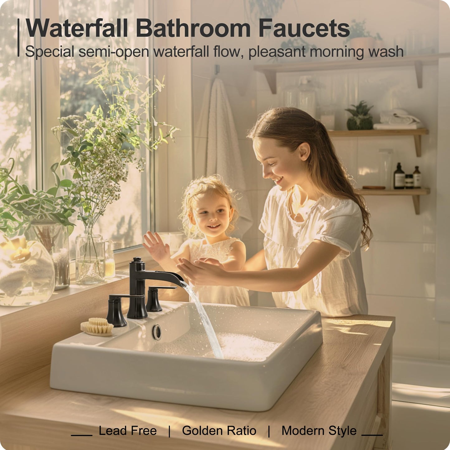 HEYMYTAP Waterfall Bathroom Faucets 3 Hole, 8 Inch Brass Oil Rubbed Bronze Bathroom Faucet, 2 Handles Bathroom Sink Faucet, Widespread Faucet for Bathroom Sink with Pop-up Drain & Hose