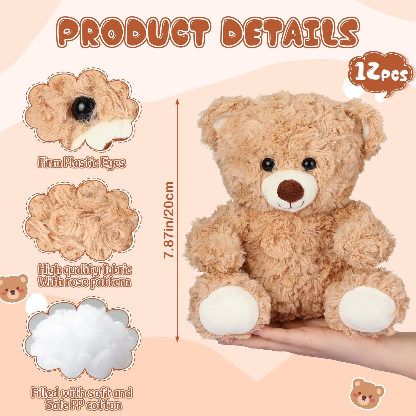 Silipull 12 Pieces 8 Inch Bear Stuffed Animal Soft Stuffed Bear Plush Toys Bulk Party Favors Animal Decorations for Birthday Baby Shower Party Centerpiece Operation Christmas Bulk