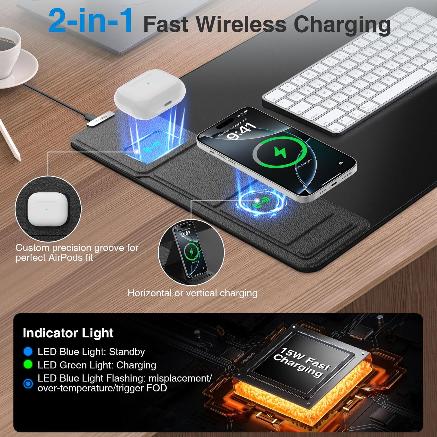 Wireless Charging Mouse Pad with Foldable Phone Holder, 31.5"x15.8" Large Desk Mat for Laptop/Keyboard, Waterproof Ultra-Smooth Surface, Non-Slip Base, Black