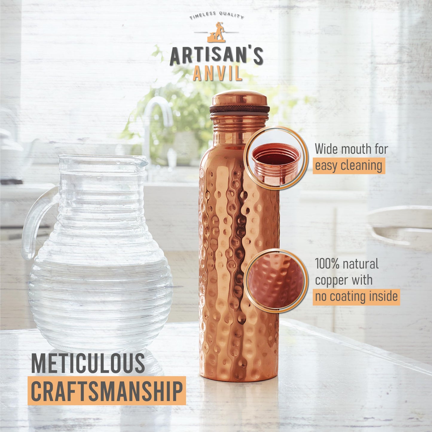 Artisan's Anvil Copper Water Bottle - 32oz - Versatile and Travel-Friendly Pure Copper Water Bottle – Ayurvedic Copper Drinking Bottle for Women and Men – Wide Mouth Design – Carrying Canvas Bag