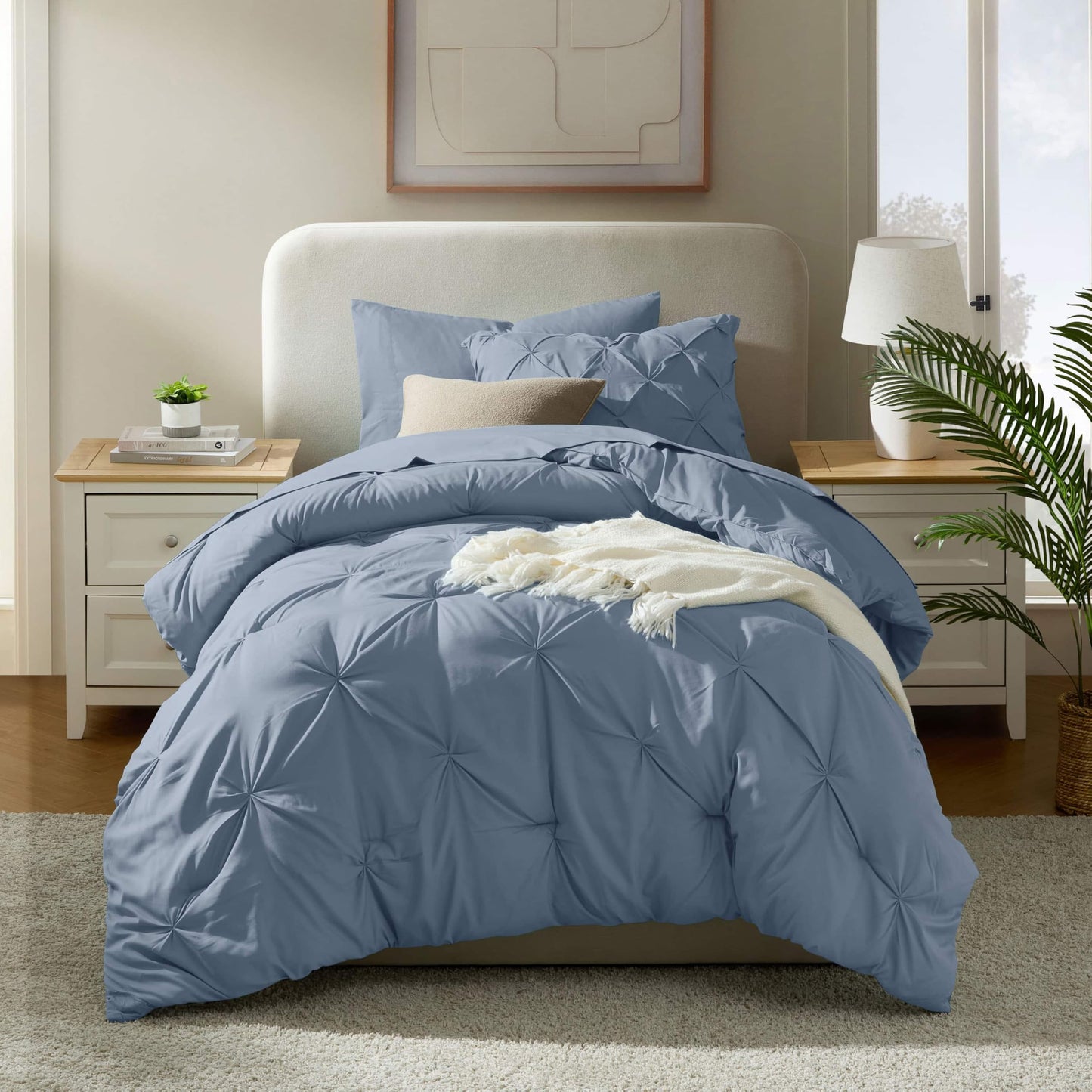 Nestl Twin XL Comforter Set 5 Piece - Pintuck Twin XL Bedding Set Stone Blue, College Dorm Room Essentials Bed in a Bag, Twin XL Comforter Set for College Girls & Boys with Sheets, Pillowcase and Sham