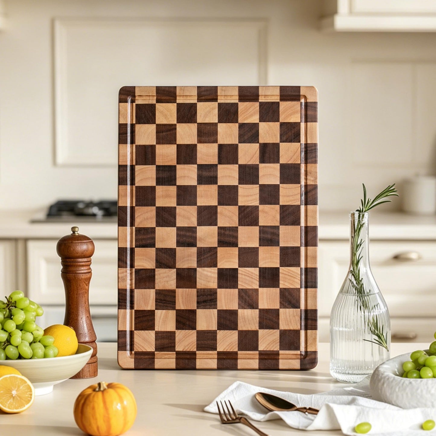 THETCHRY Cutting Boards for Kitchen, Checkered Cutting Board Upgraded, Acacia Wood Chopping Board with Juice Grooves & Handles, Large Butcher Block Serving Tray with Gift Box, 17"X12"X0.8"