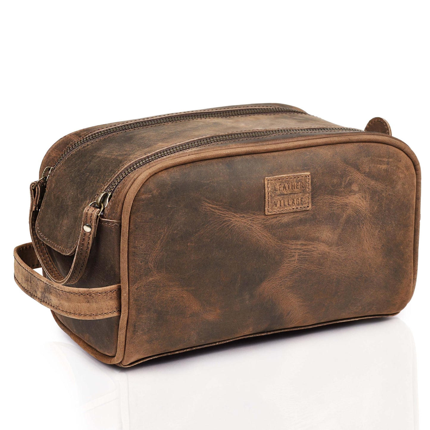LEATHER VILLAGE Premium Leather Toiletry Travel Pouch With Waterproof Lining - Brown | King-Size Handcrafted Vintage Dopp Kit Bag