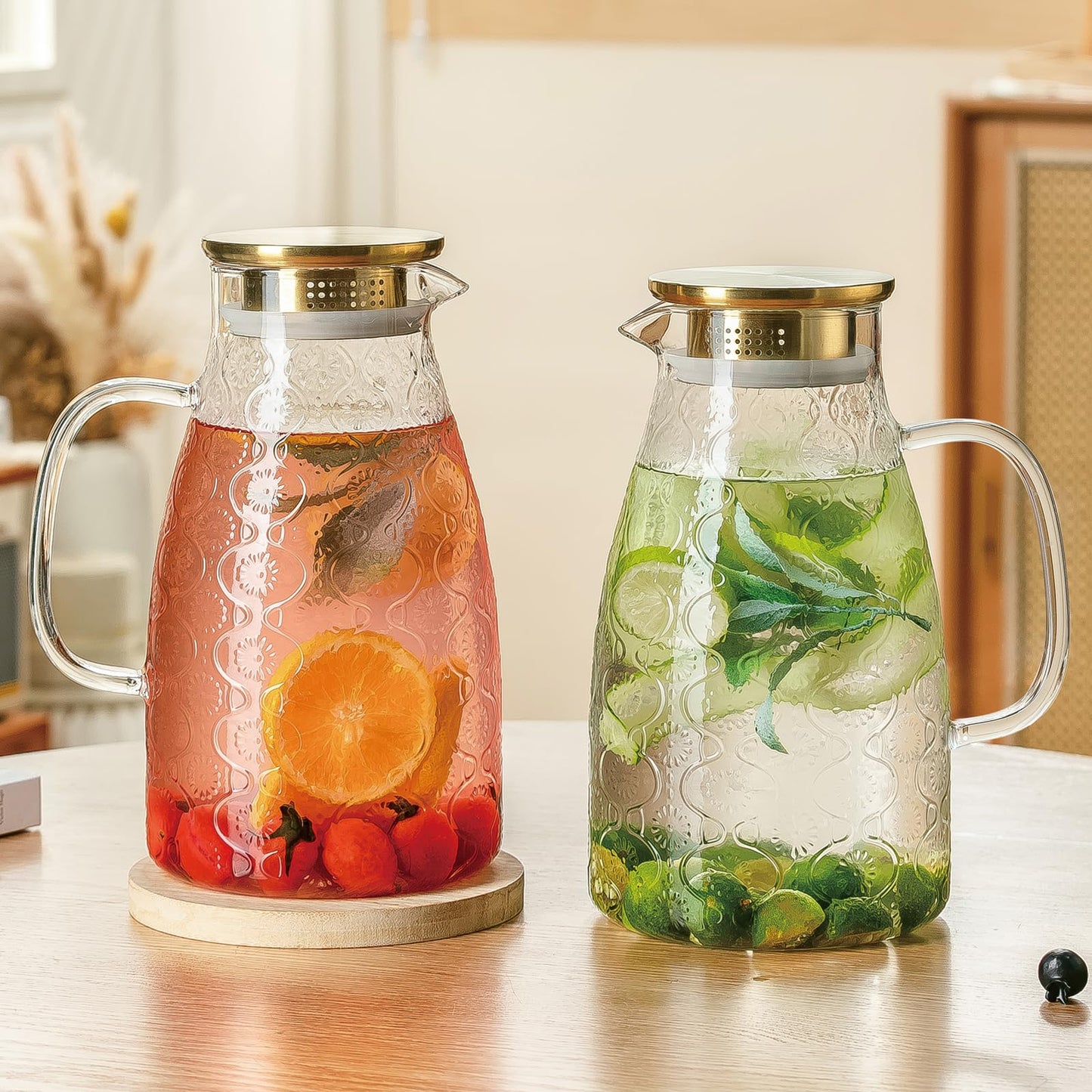 Buaic Glass Pitcher with Lid and Handle, 2 PACK 68 oz/2 Liter Vintage Flower Design Fridge Water Pitcher, Borosilicate Glass Water Carafe for Hot/Cold Water,Coffee,Iced Sun Tea,Heat Resistant