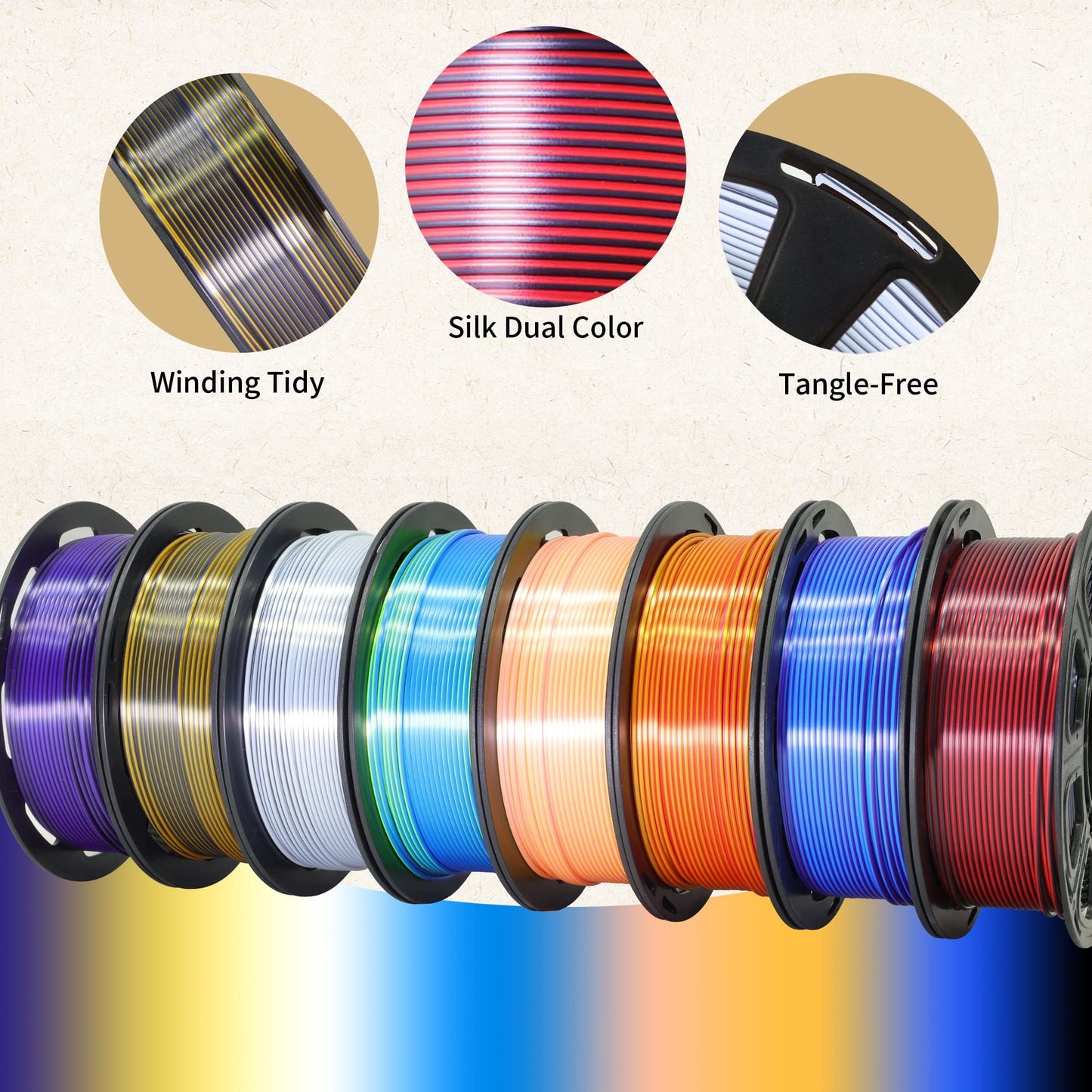 8 Spools Dual Color Silk PLA 3D Printer Filament Bundle, Silk White/Black, Red/Black, Gold/Black, Purple/Black, Purple/Blue, Red/Gold, Green/Blue, Yellow/Pink, 1.75mm Bicolor Silk PLA 250gX8