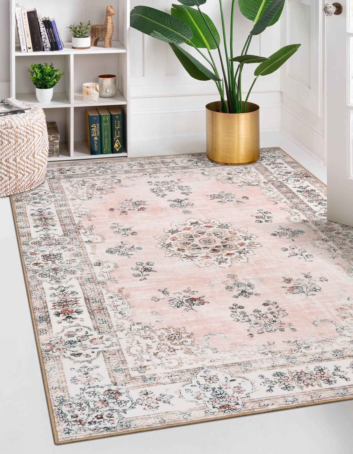 Lahome Washable Pink 5x7 Area Rugs for Bedroom Girls Nursery, Boho Soft Floral Print Area Rug for Living Room Apartment, Non-Slip Carpet for Aesthetic Home Decorations Bedroom Decor