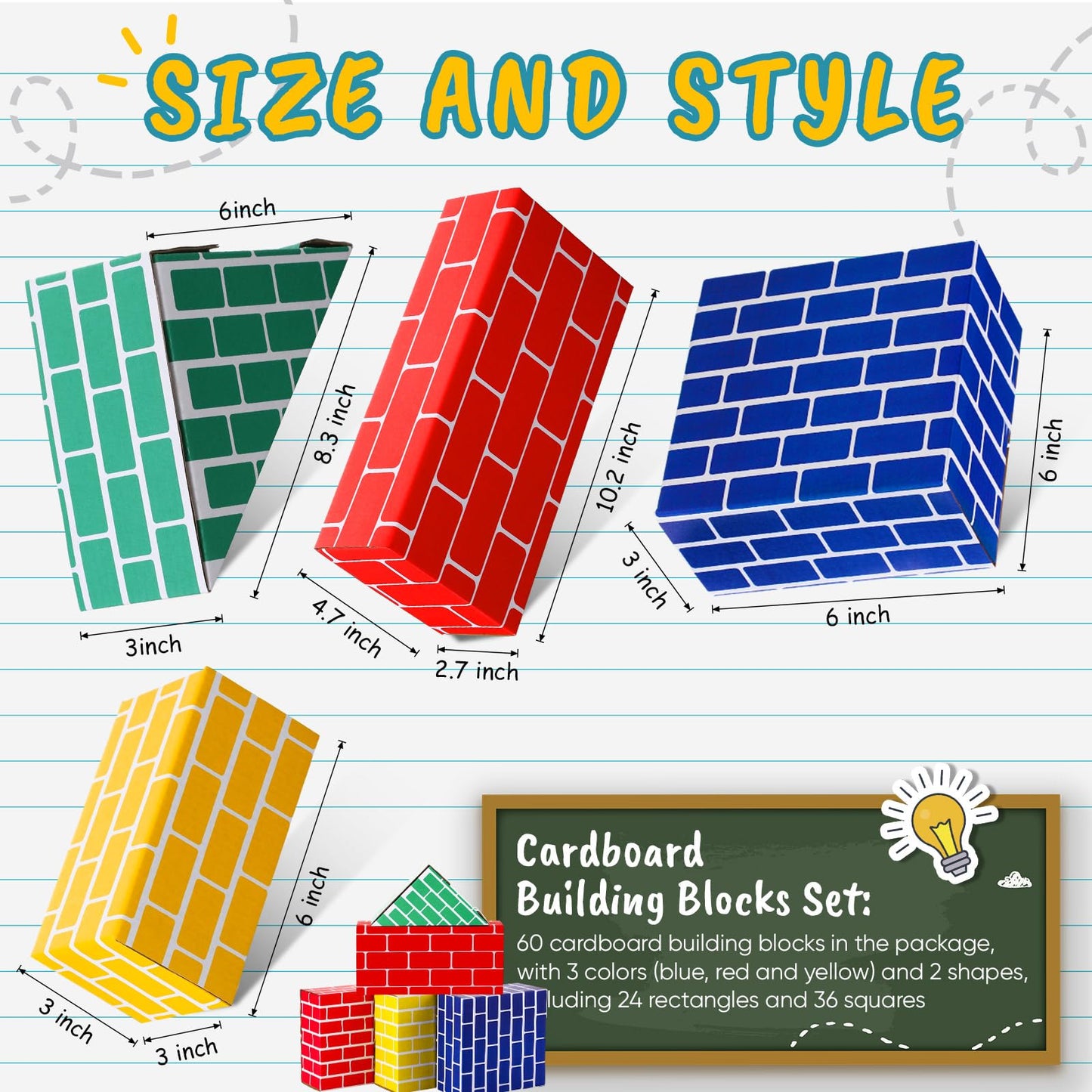 Junkin 48 Pcs Cardboard Building Blocks Extra Thick Jumbo Cardboard Blocks Pretend Blocks Rectangle Square Triangle Stacking Blocks for Kid Educational Learning Play Toys, Blue Yellow Red Green