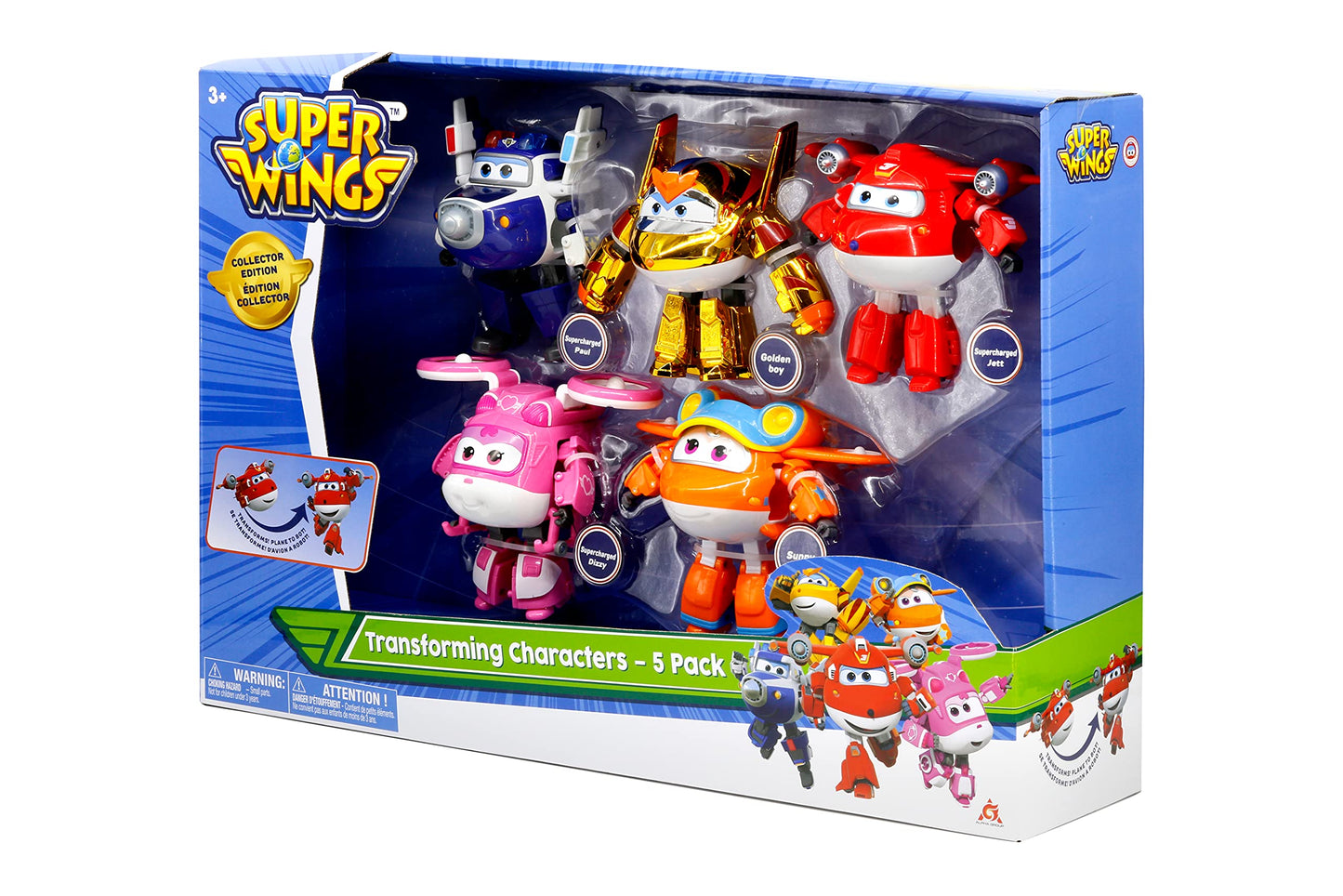 Super Wings 5" Transforming Toys 5-Pack, Supercharged Jett, Supercharged Paul, Supercharged Dizzy, Golden Boy & Sunny Airplane Toys Action Figures, Preschool Toy Plane for 3 4 5 Year Old Kids