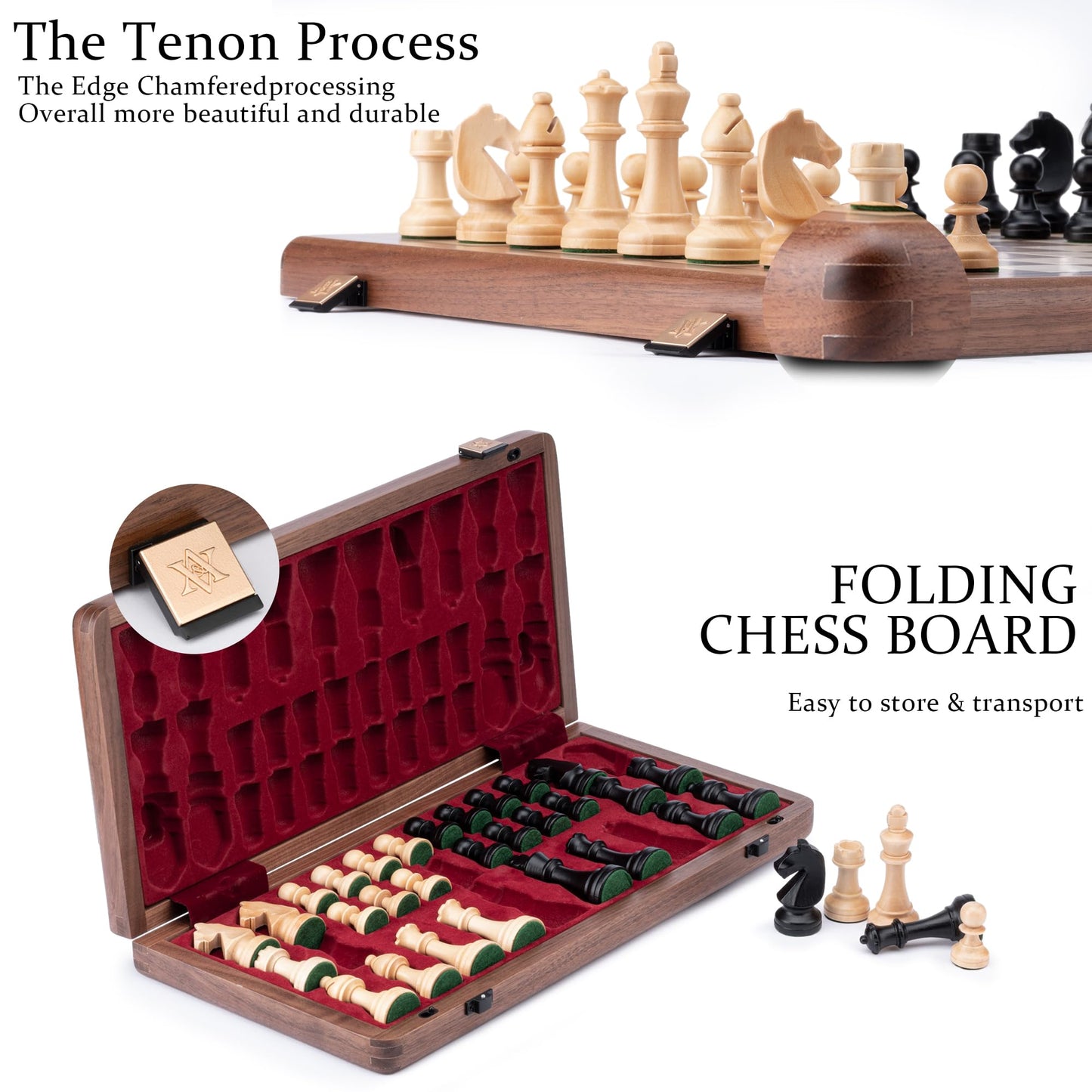 A&A Premium Natural Walnut Folding Chess Board Game Set, 15" Wooden Chess Board & 3" King Height Staunton Chess Pieces with 2 Extra Queens, Portable Travel Chess Set with Storage Bag for Adults & Kids