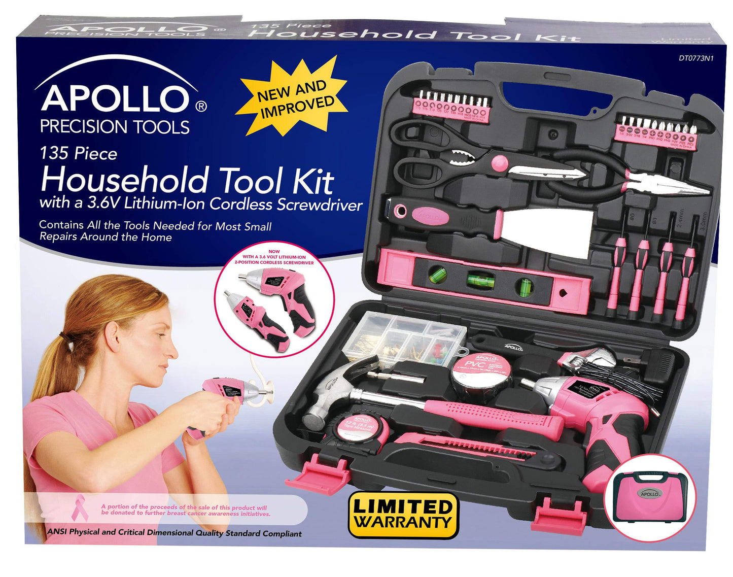 Apollo Tools 135 Piece Household Pink Hand Tools Set with Pivoting Dual-Angle 3.6 V Lithium-Ion Cordless Screwdriver - DT0773N1