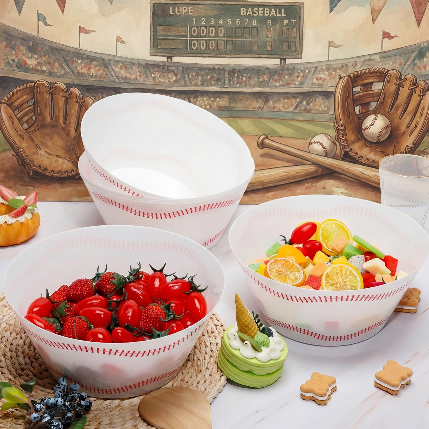 Ferrochef 6 Pcs 10 Inch Large Baseball Serving Bowls 100 oz Reusable Plastic Snack Salad Dessert Bowls Baseball Party Supplies for Team Game Sport Birthday Party Decor