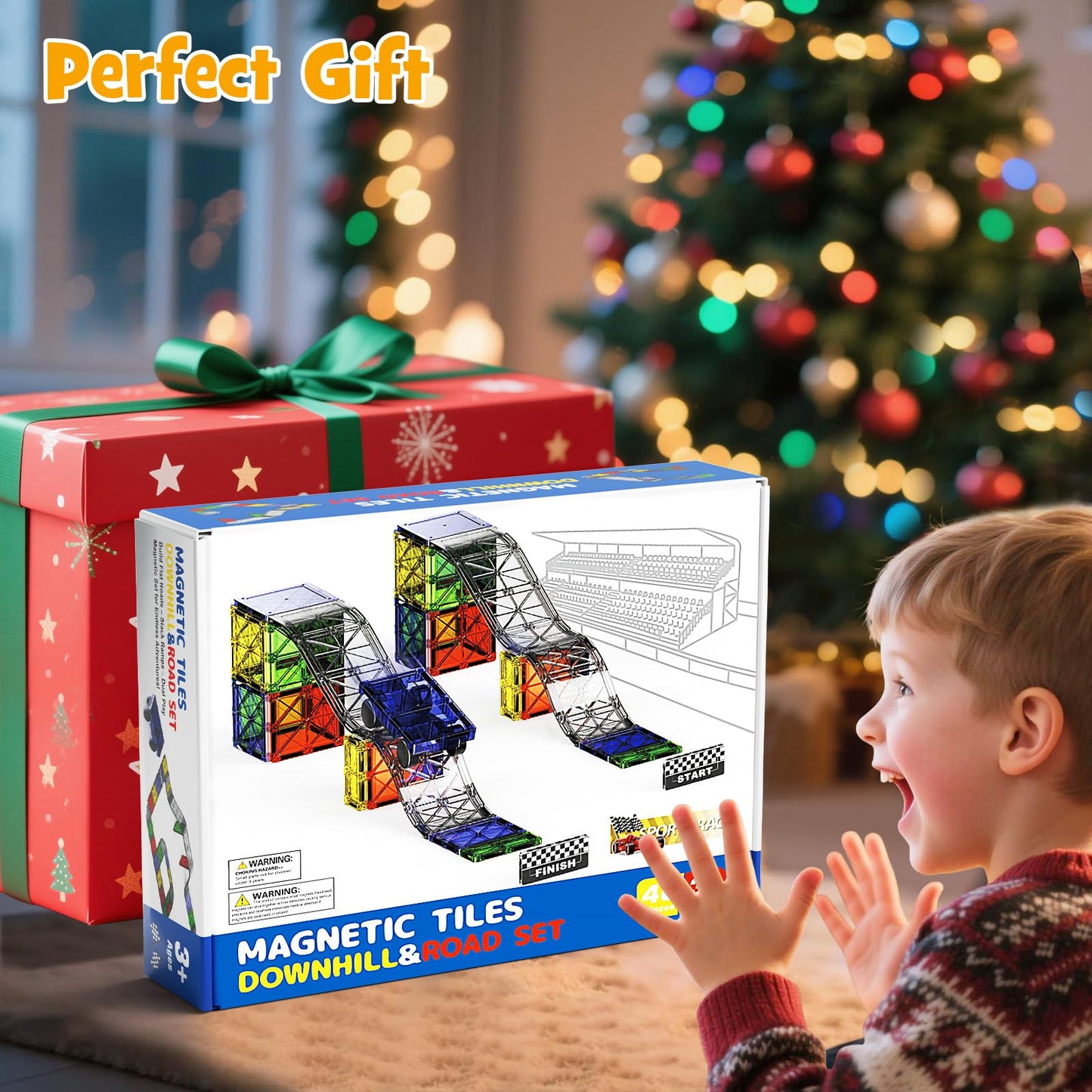 WMXDU 2-in-1 Magnetic Tile Downhill & Road Set - 40PCS Magnetic Building Blocks with Car, Montessori Preschool Toys for 3+ Year Old Boys & Girls, Ideal Sensory Toys for Toddlers