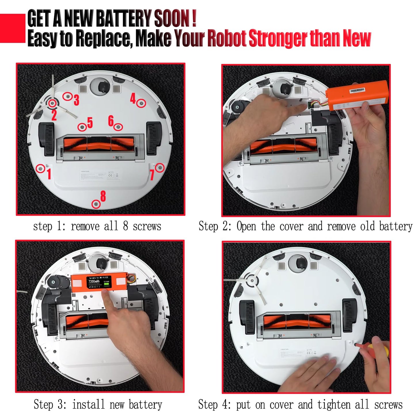 Upgraded 7200mAh 14.4V Battery for Roborock S7 S6 S5 S4 Q7 Max S50 S60 S70, T4 T6 T7 T60 T65, for Xiaowa E20 E25 E35 C10, for Xiaomi Mijia/Mi 1st and 2nd Gen Robot Vacuum Cleaner