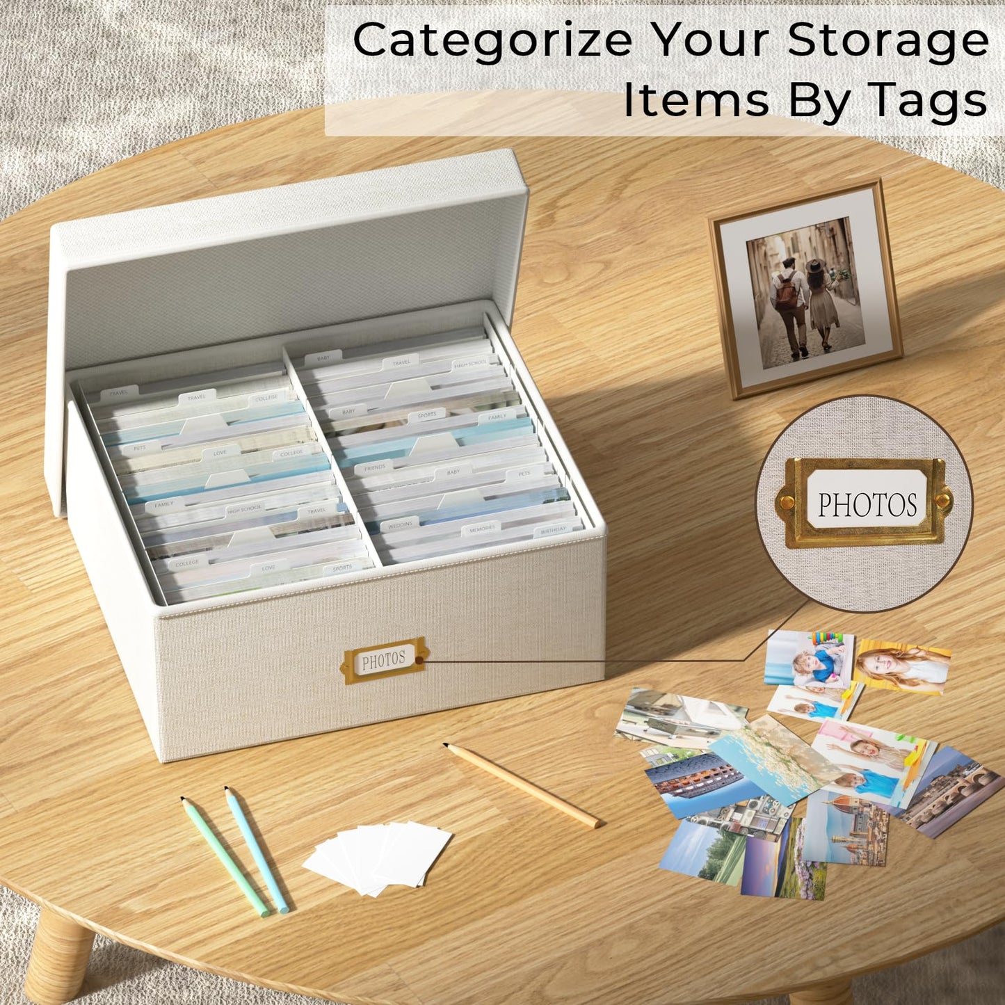 Decorative Photo Storage Box - 2 Pack Linen Photo Box Organizer with Dividers, Fits Holds Up to 1700 Pictures and 4x6 Photos, Memory Keepsake Organizer for Scrapbook Supplies, Cards, Stamps (Beige)