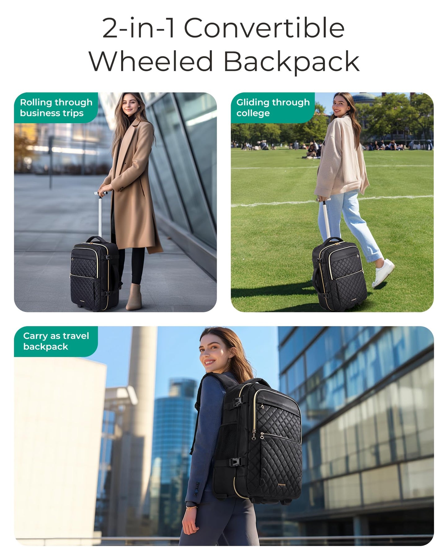 BAGSMART Rolling Backpack for Women, Wheeled Backpack with Packing Cube, Travel Backpack with Wheels, Carry On Suitcase Bag with Wheels 17 Inch Large Roller Backpack, Champagne
