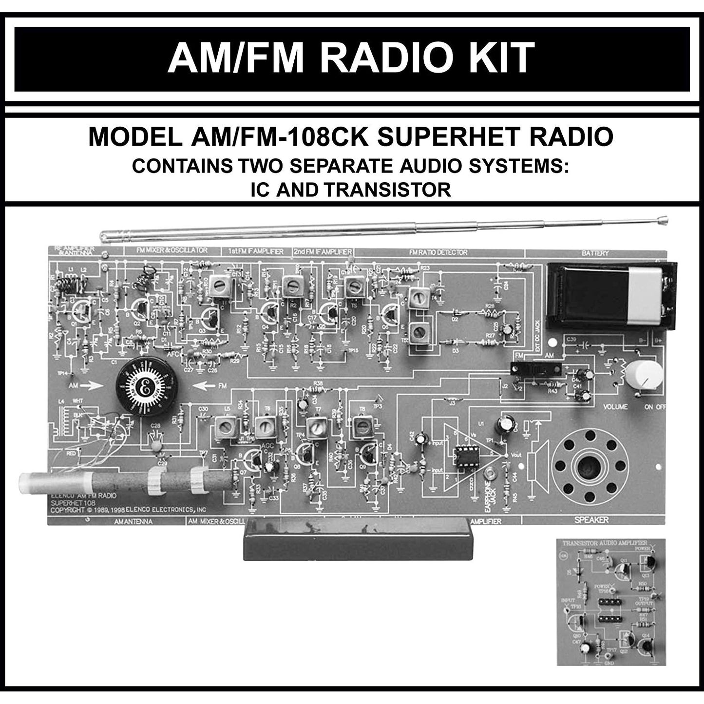 Elenco AM/FM Radio Kit |Switch Between ICs & Transistors | Solder | Great STEM Project | Superheterodyne Designed to AM and FM Broadcasts | SOLDERING REQUIRED