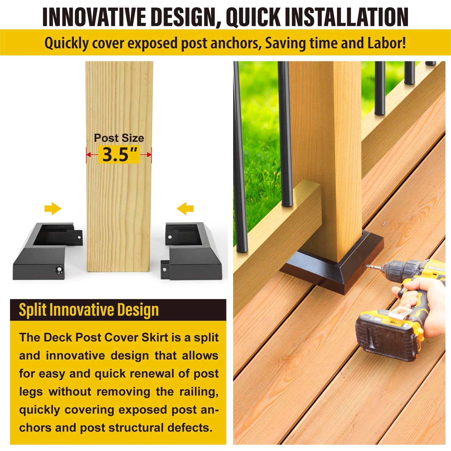 12Pack 3.5"x 3.5" Aluminum Deck Post Base Cover, Split Post Cover Skirts for Deck Railings丨Stairs丨Porches Black