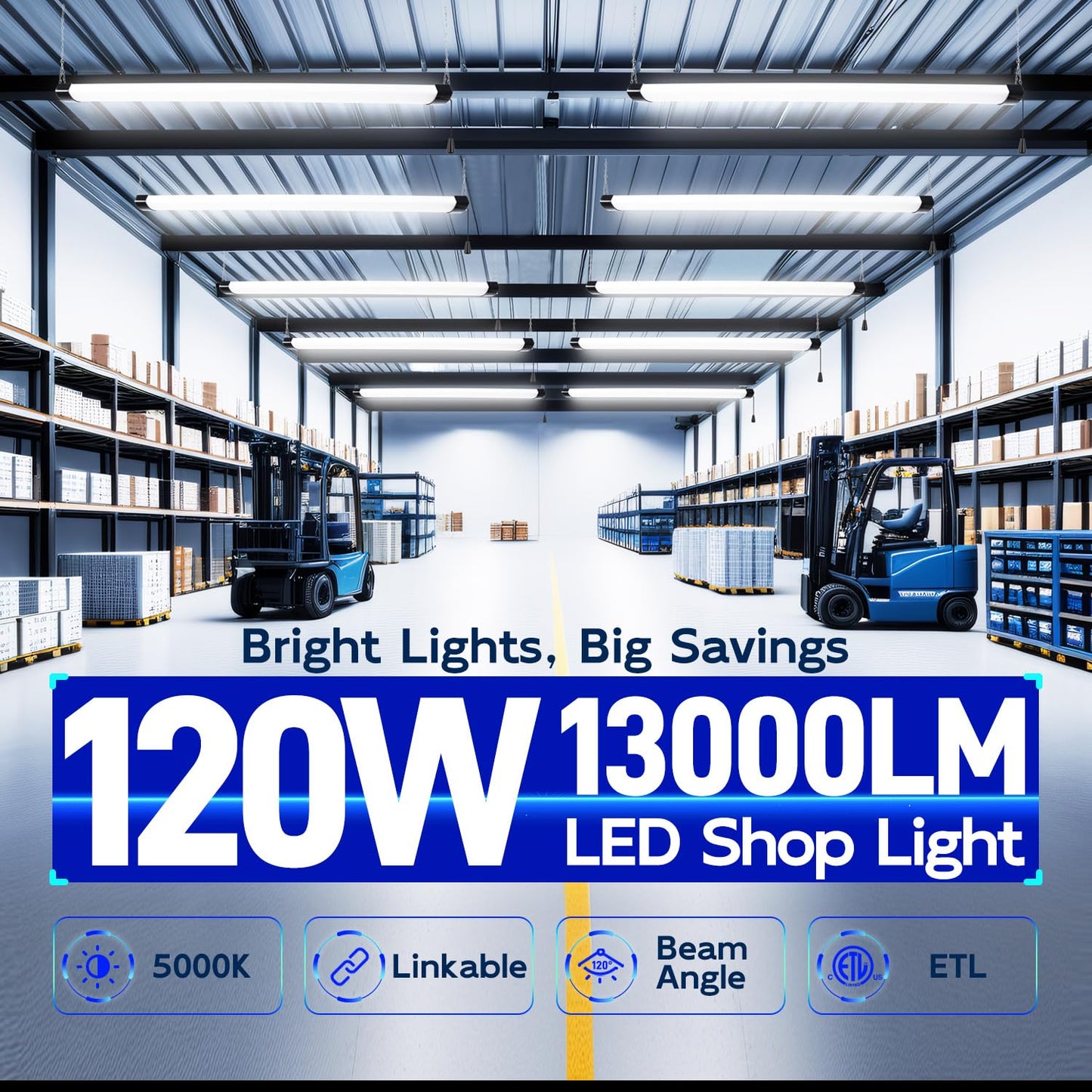 hykolity 4FT 120W LED Shop Light Linkable, 13000lm(400w Equivalent), 5000K Utility Shop Lights for Garages, Workshops, Basements, Hanging or FlushMount, with Power Cord and Pull Chain, ETL, 2 Pack