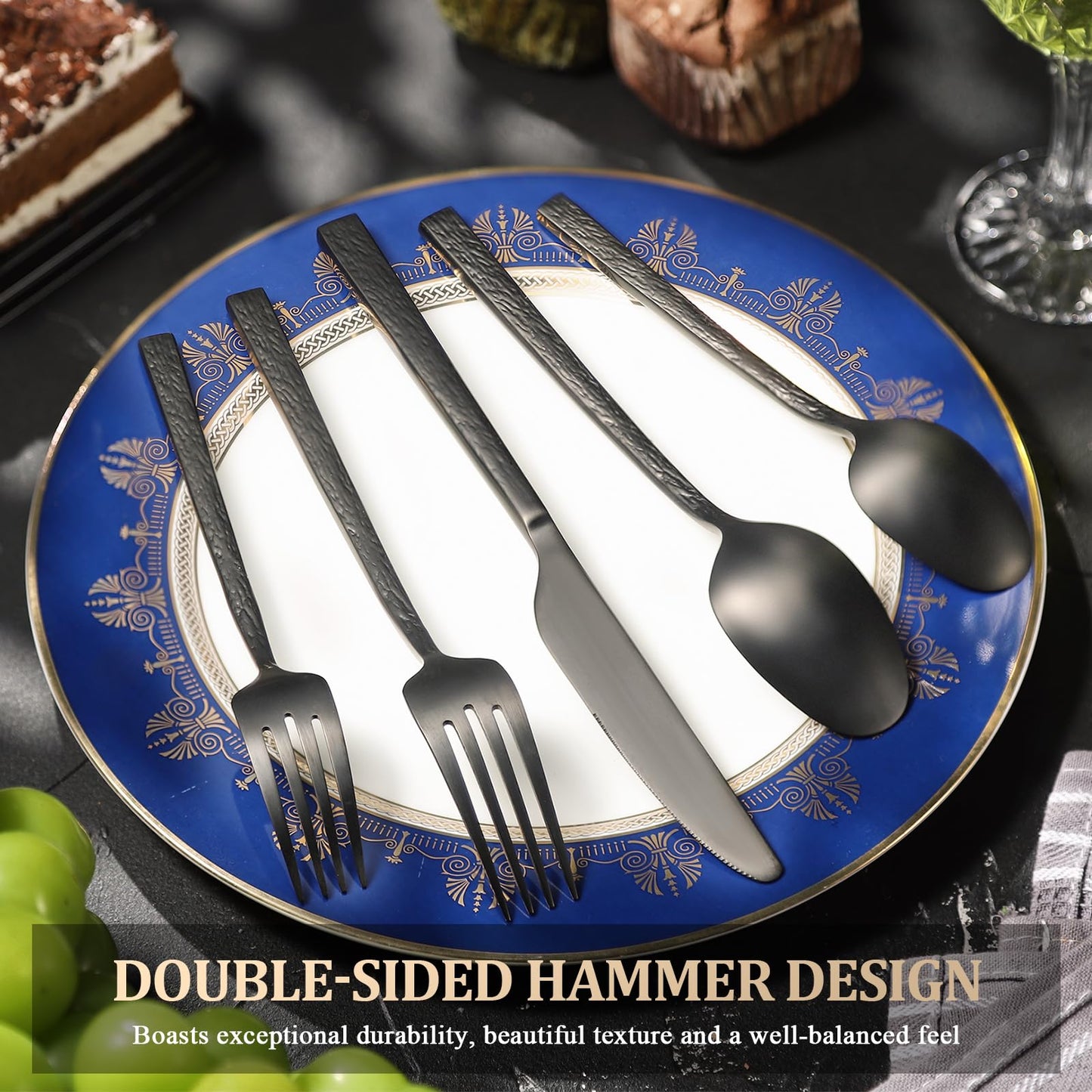 40-Piece Black Hammered Silverware Set for 8,Forged 18/10 Stainless Steel Flatware Set,Premium Food-Grade Cultery Set with Unique Ripple Design Handles ,Heavy Duty Tableware Set,Service for 8