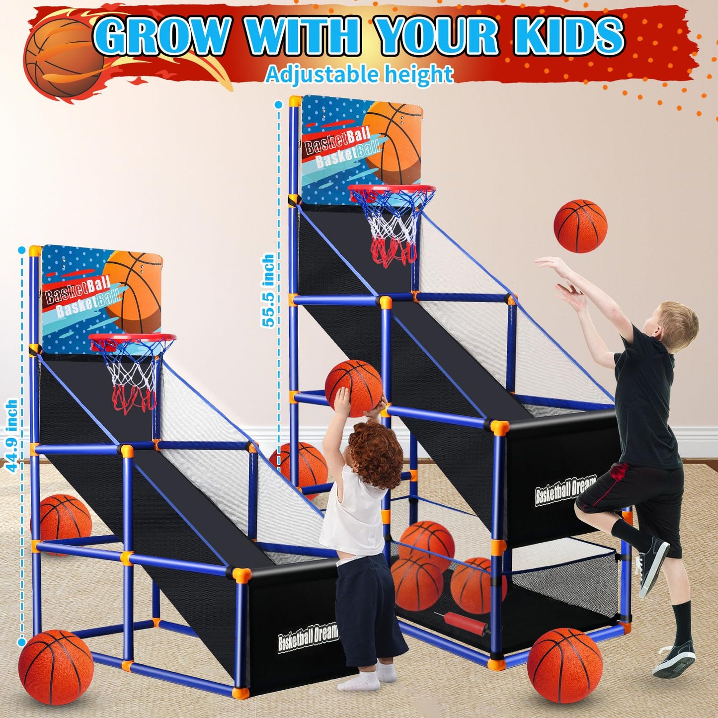 Arcade Basketball Game Set for Kids, Boy Toys Basketball Hoop with 4 Balls for 3 to 12 Years Old, Adjustable Height w/Pump & Storage Net for Kids Indoor Outdoor Sports Play, Christmas Birthday Gifts