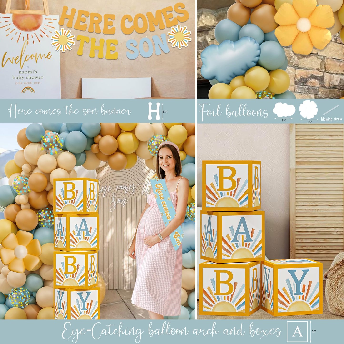Here Comes the Son Baby Shower Decorations for Boy, Boho Sun Baby Shower Party Supplies, It's A Boy Gender Reveal Décor, Retro Sun You Are My Sunshine Baby Shower