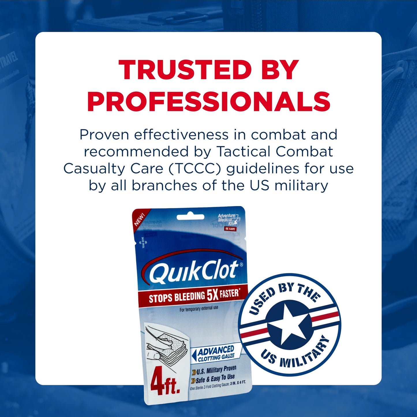 Adventure Medical Kits QuikClot Gauze - Gauze for Emergency Survival Kit, Doomsday Prepping Supplies & More - Stops Bleeding Fast with Kaolin - Flexible Hemostatic Medical Gauze - 3" x 48"