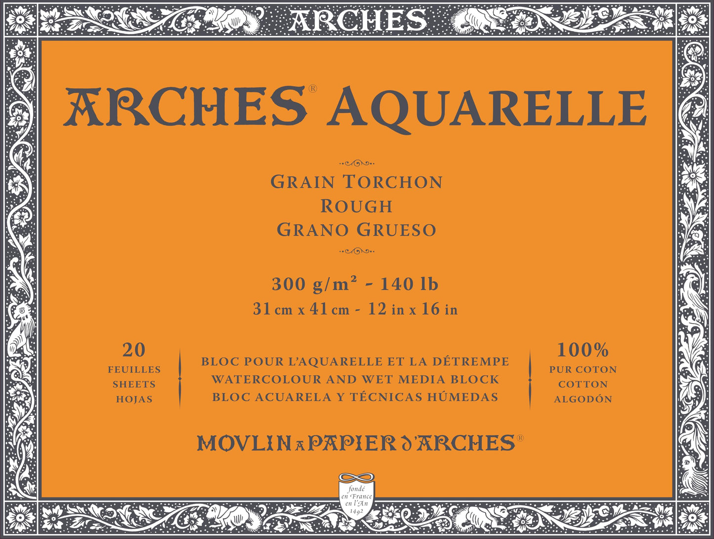 ARCHES Aquarelle 100% Thick 300g Gluing Pad 4L 31x41 20 Sheets Natural White, Cotton,Paper