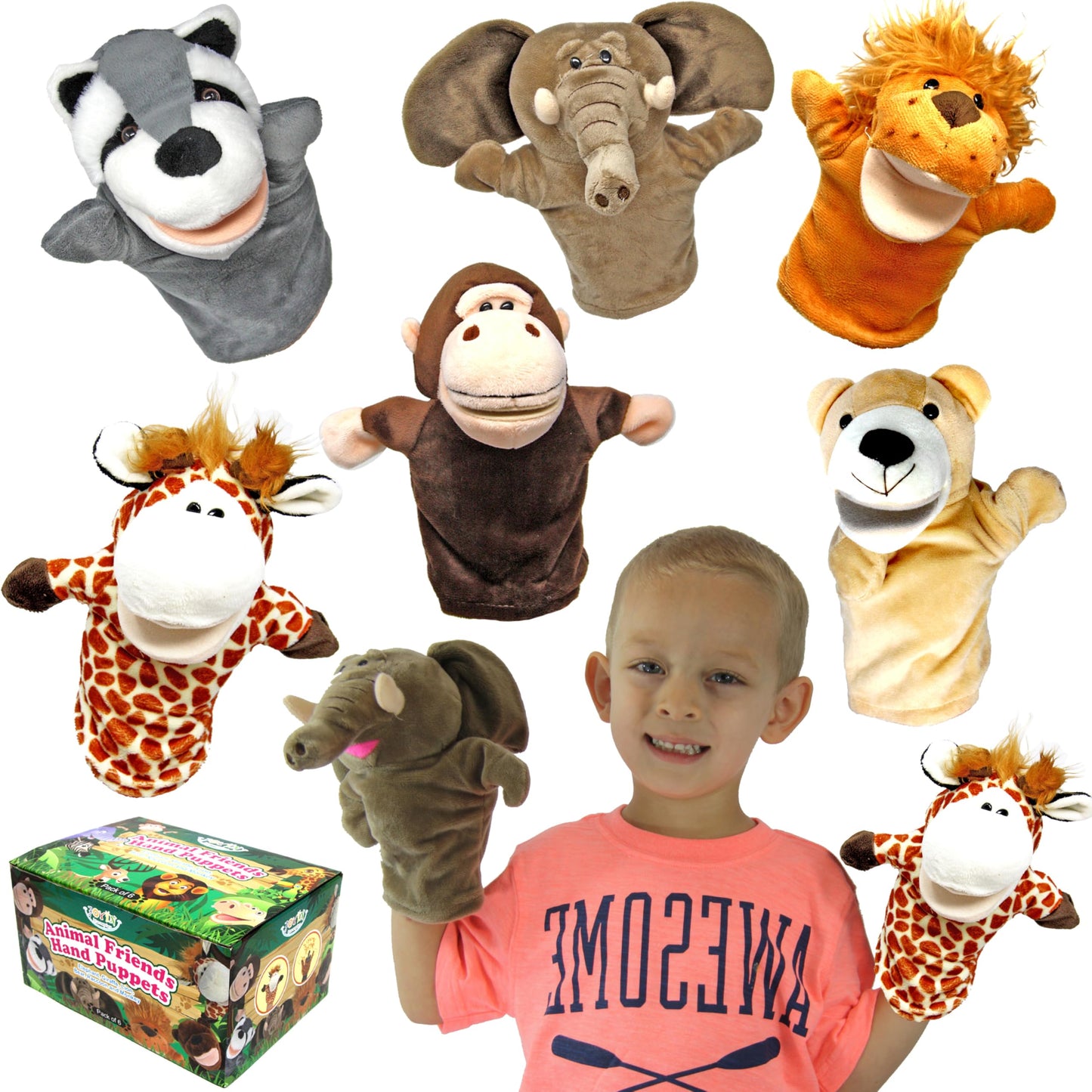 JOYIN 6Pcs Kids Hand Puppet Set with Working Mouth, Toddler Animal Plush Toy Includes Elephant, Giraffe, Lion, Bear, Raccoon and Monkey for Show Theater, Birthday Gifts, Easter Basket Stuffers