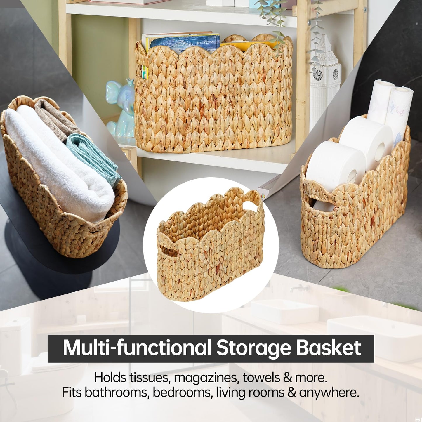 Coeusy Toilet Paper Storage Basket,Scalloped Wicker Basket for Bathroom Organizers and Storage,Hand-Woven Rattan Bathroom Decor Accessories,Natural Water Hyacinth