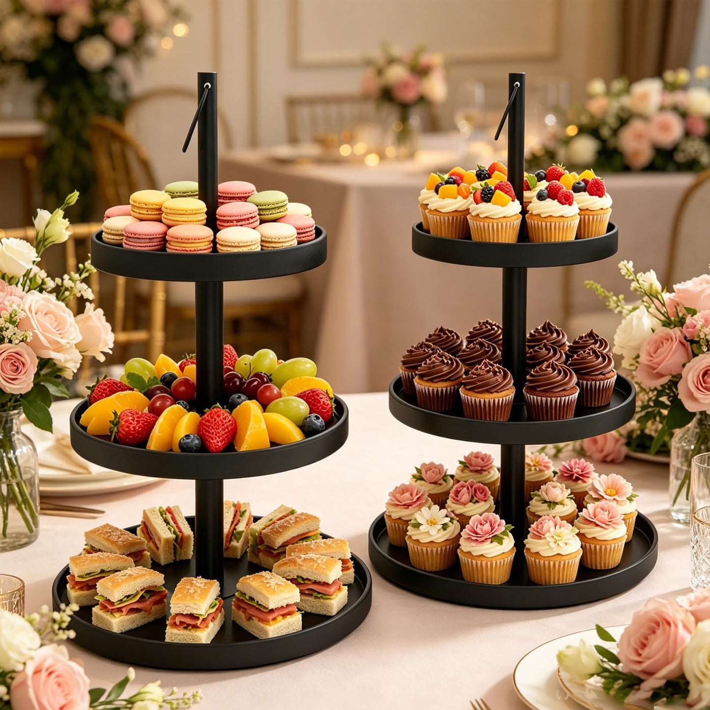 OugeWood Cupcake Stand for 50 Cupcakes,Cupcake Stand 2 PACK Metal 3 Tier Cupcake Tower Black Tiered Tray Stand Cupcake Holder Stand Cake Stand Serving Trays Dessert Stands with Handle for Party