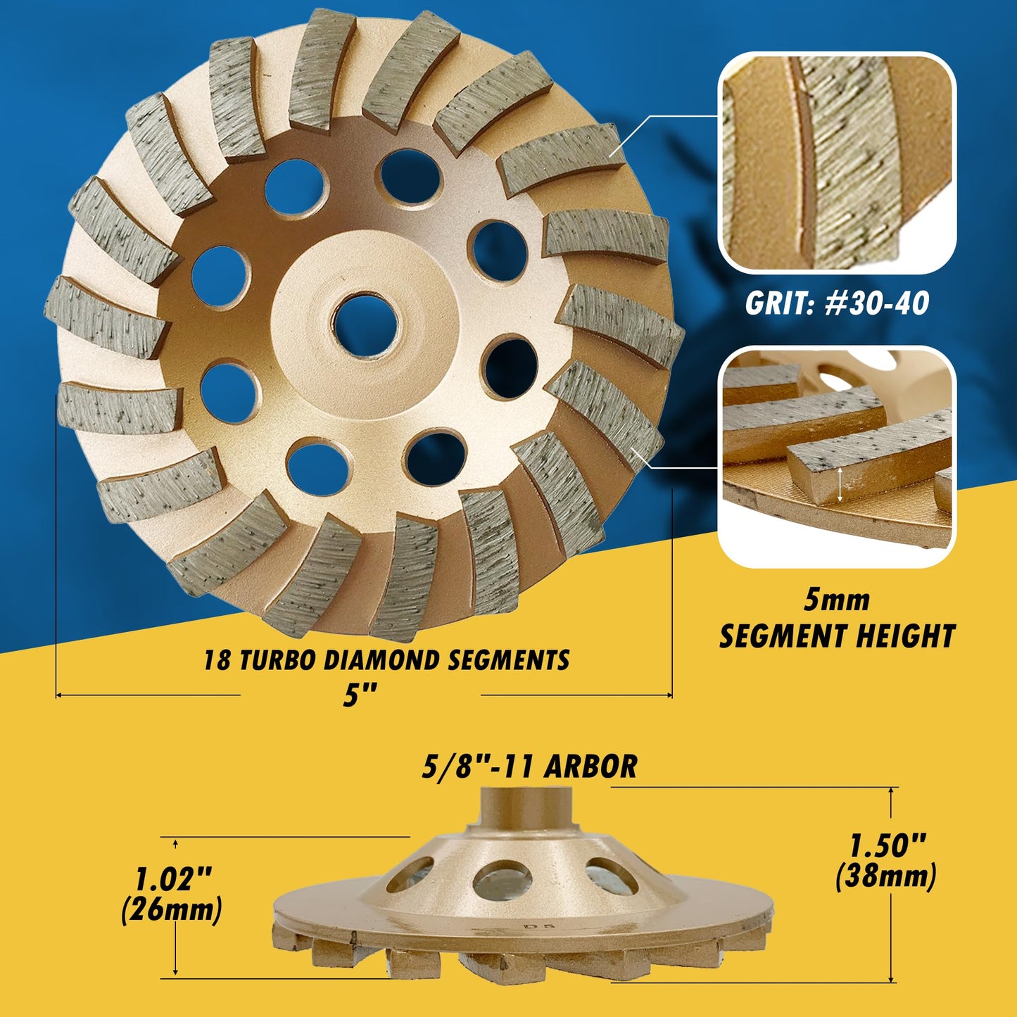 5" Diamond Grinding Wheels for Concrete or Masonry, 18 Turbo Segments, #30/40 Grit, Medium Bond, 5/8"-11 Arbor