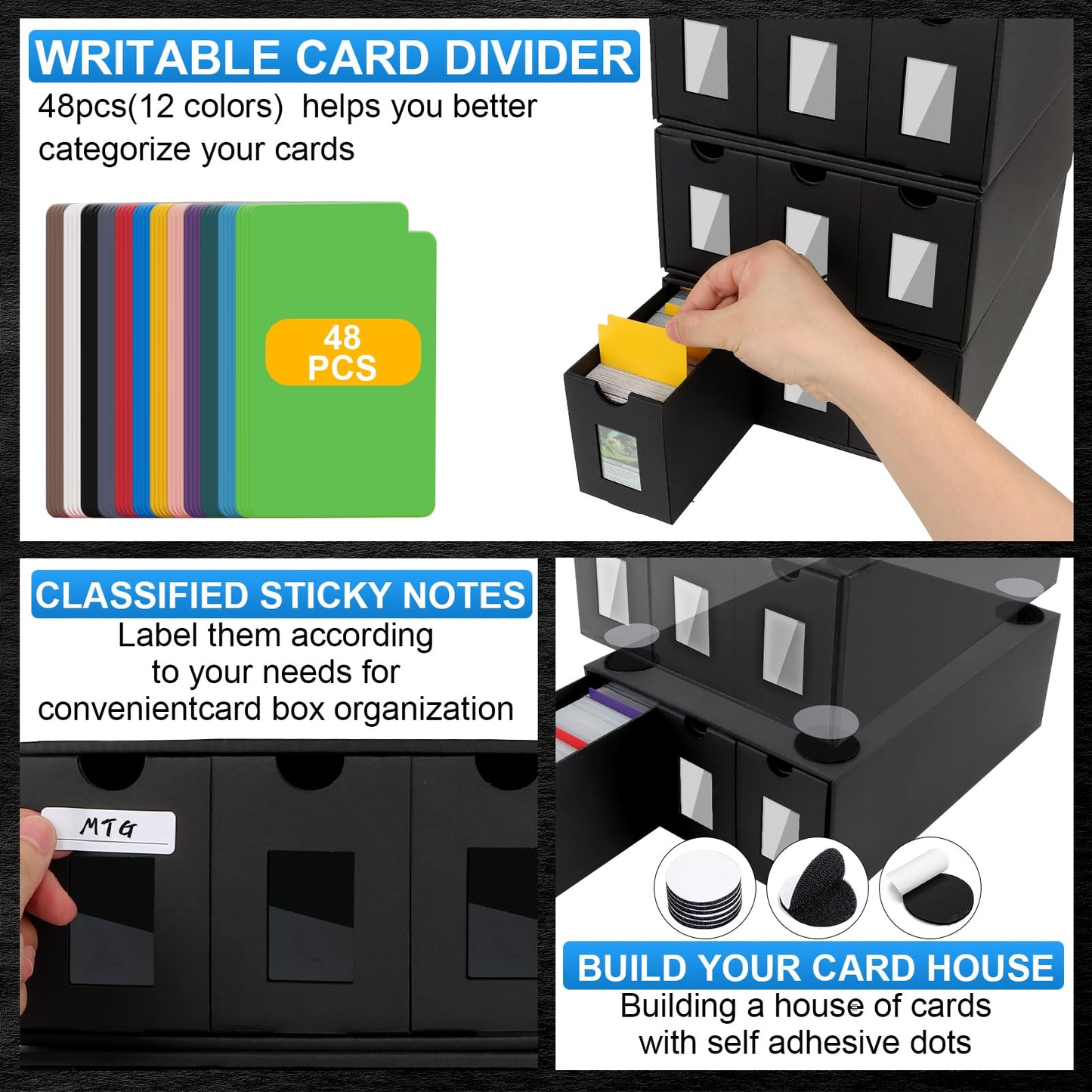 12000+ Trading Card Storage Box for Commander Display, Card Deck Box Cardboard with 48 Dividers, Labels & Tapes, Trading Card Collection Box Fit for TCG, PTCG, MTG and Sport Cards
