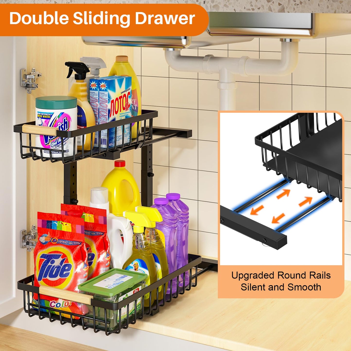 REALINN Under Sink Organizer, 2 Pack Height Adjustable Under Sink Organizers and Storage, 2 Tier Pull Out Drawer Cabinet Storage for Kitchen Bathroom