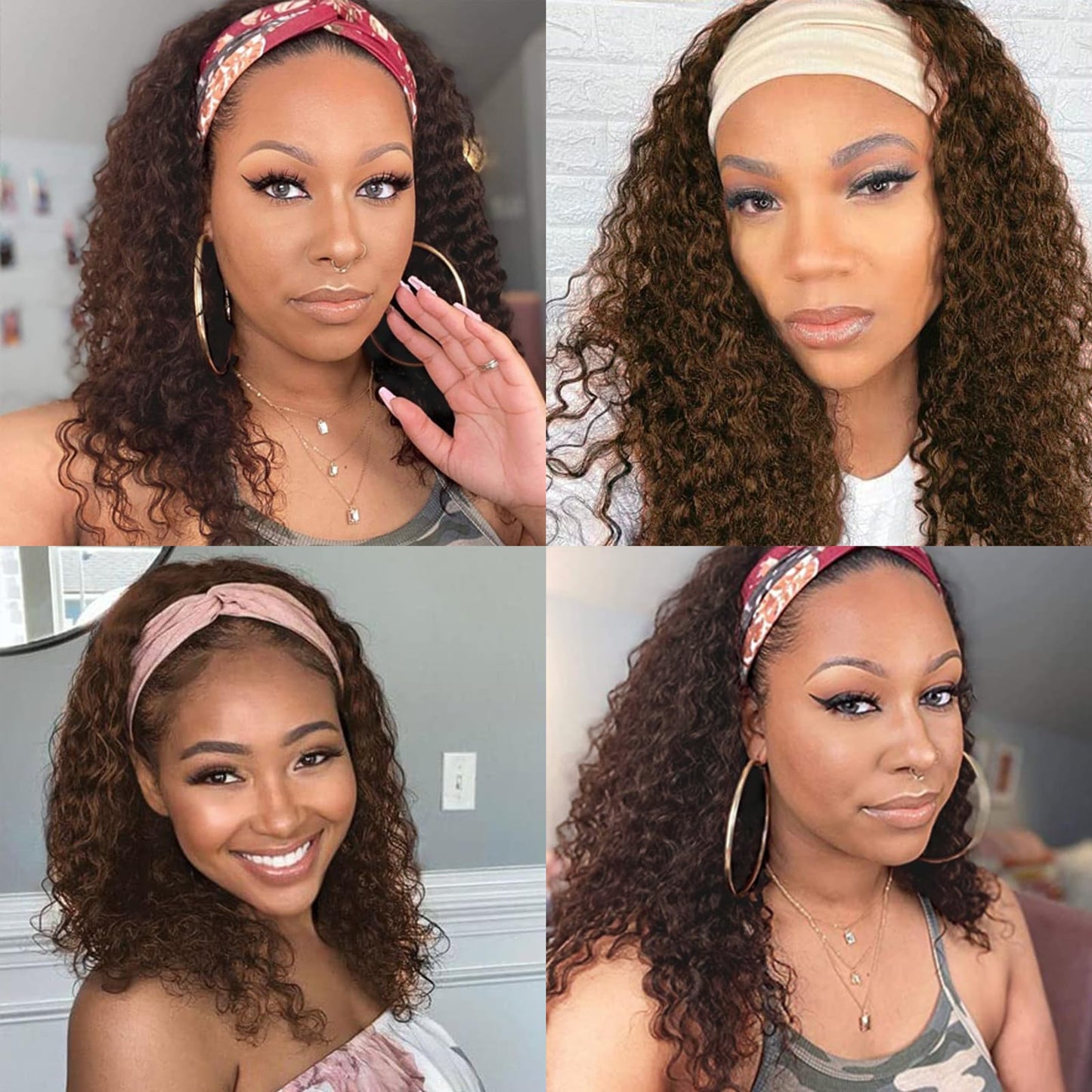Aiterina Headband Wig Human Hair Headband Wig Deep Wave Human Hair Wigs for Black Women Glueless Human Hair Wigs Machine Made 150% Density No Lace Deep Headband Wig Chocolate Brown 12 inch