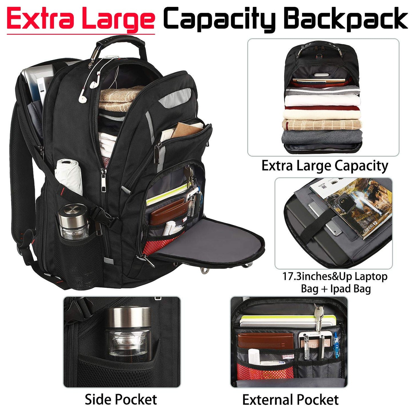 18.4 Laptop Backpack for Men, 55L-60L Extra Large Gaming Laptops Backpack with USB Charger Port, TSA Friendly Flight Approved RFID Anti-theft Pocket, Water Resistant Suiltable for Travel Business Work
