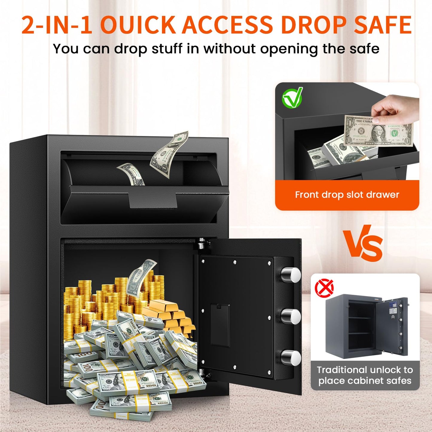 2.2 Cuft Depository Safe for Business with Quick Place Drop Slot, Cash Drop Safes with Digital Combination LCD Display and Anti-Fishing, Security Drop Safe for Cash, Mail, Checks, Document