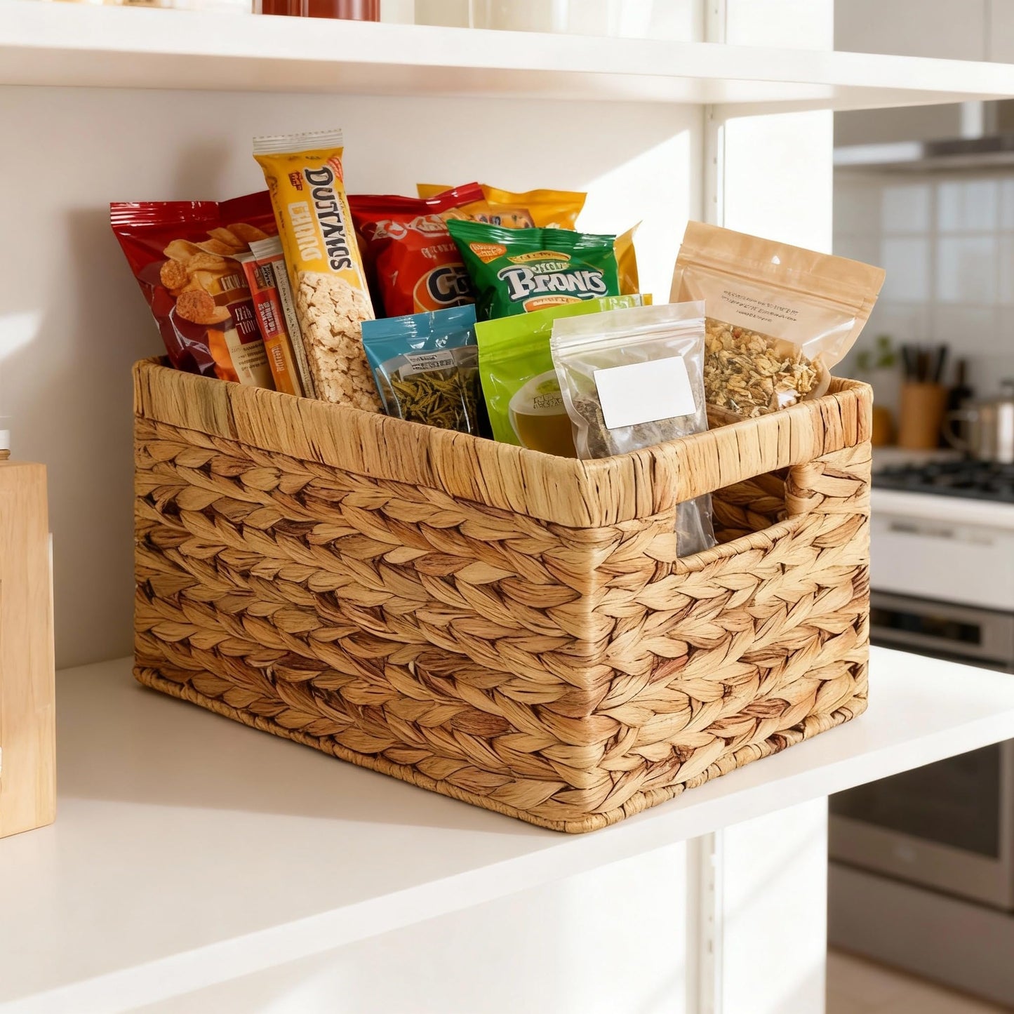 Water Hyacinth Woven Storage Baskets, Set of 4 Wicker Baskets for Organizing with Built-In Handles, Handwoven Rectangular Shelf Bins for Pantry, Bathroom, Kitchen, Closet (13 x 8.25 x 7 in)