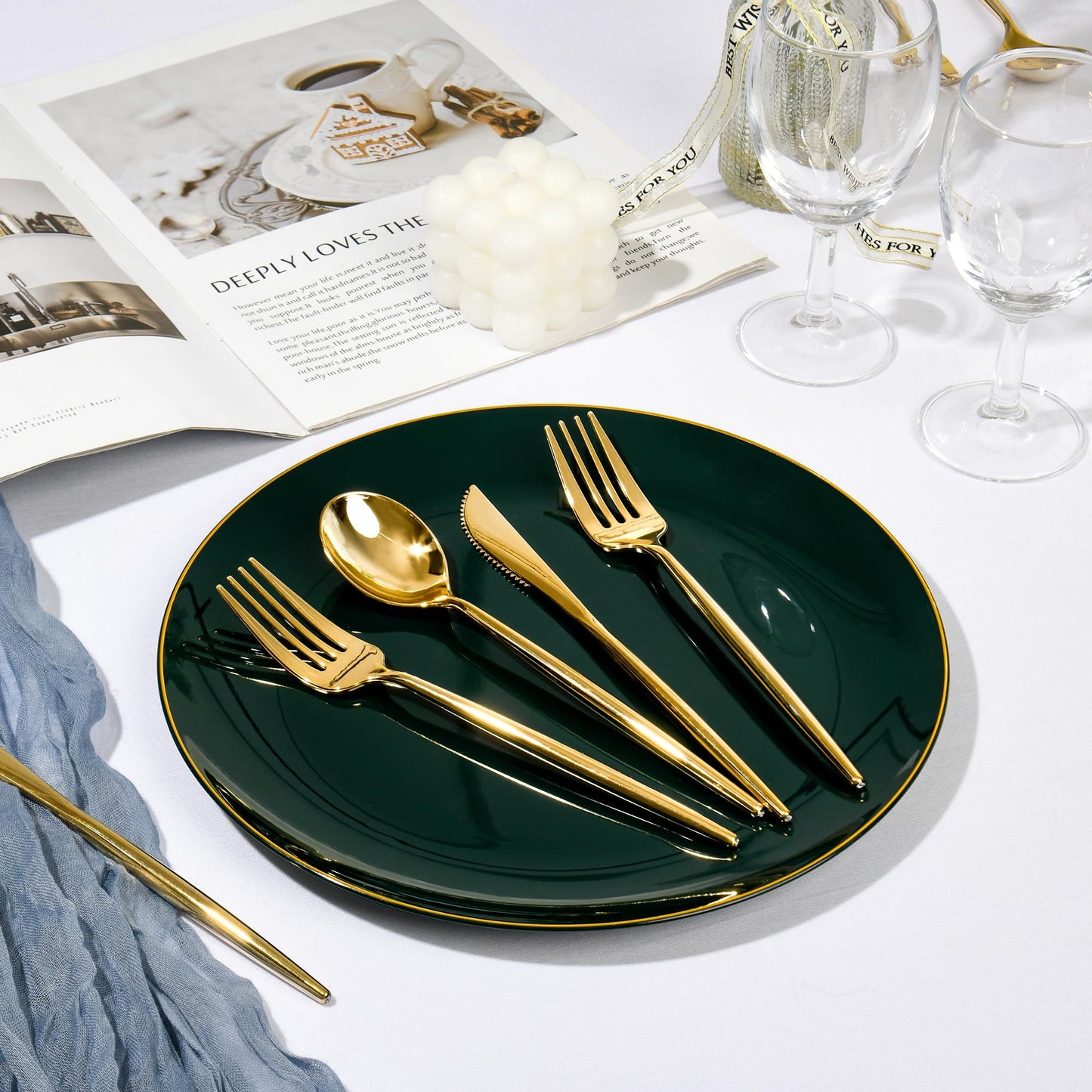 I00000 150Pcs Green Plastic Plates with Gold Rim, Fancy Disposable Plates,Green Plates Set include 30 Dinner Plate,30 Dessert Plate, 90 Plastic Silverware Set for Wedding&Party