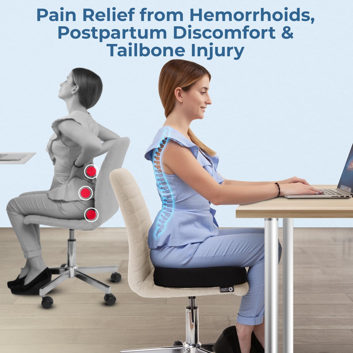 5 STARS UNITED Donut Pillow Hemorrhoid Tailbone Cushion ā Large Cushion for Pain Relief ā Coccyx, Prostate, Sciatica, Pelvic Floor, Pressure Sores, Pregnancy, Postpartum Recovery, Black